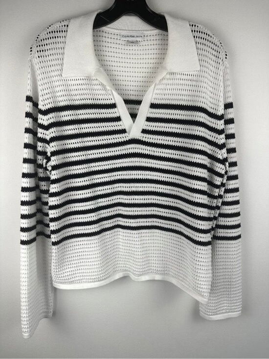 Calvin Klein Jeans Tops - Calvin Klein Jeans Women’s Open Knit Striped Polo Sweater White Black Size M